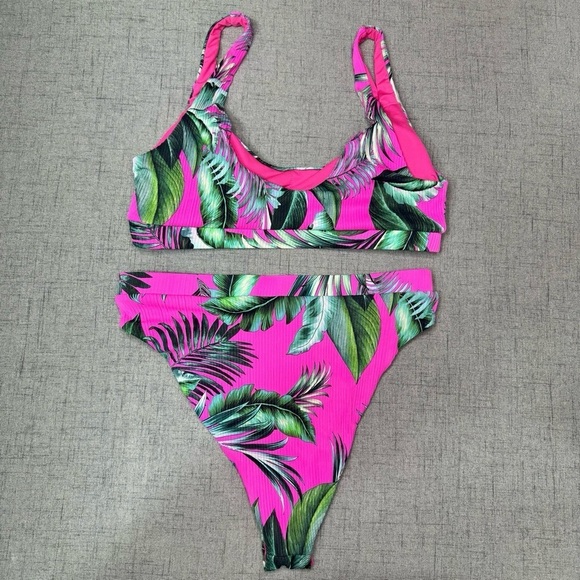 Tropical Leaf Print Ribbed Cheeky Bikini Set Hot Pink Green Medium - Picture 7 of 12